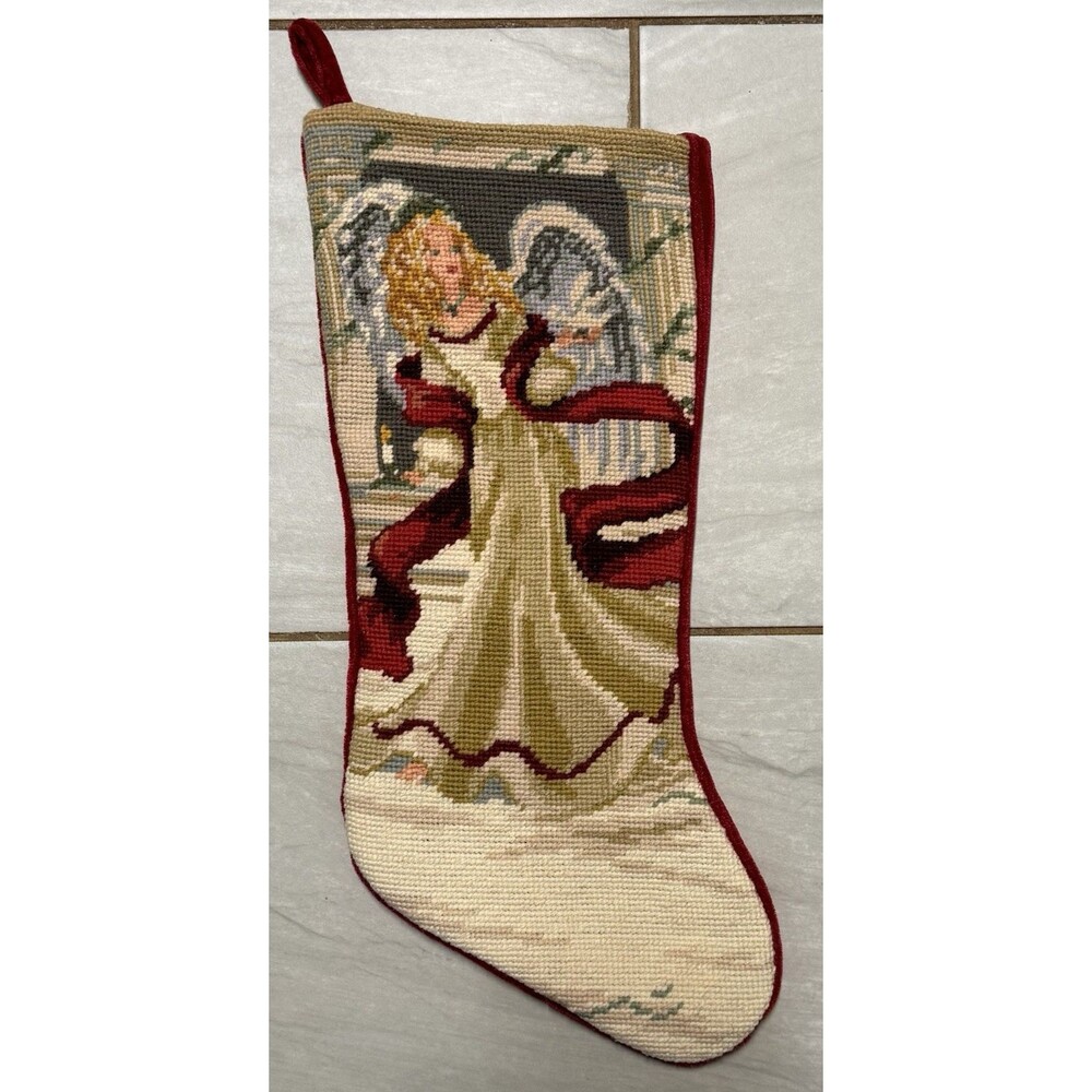 Needlepoint Christmas Stocking Velvet Back Lined Angel